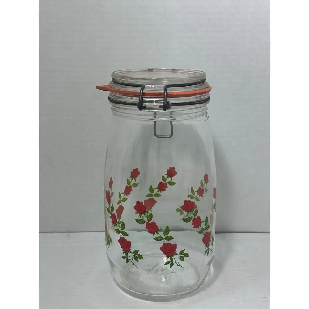 Vintage ARC Red Roses / Flowers Jar / Cannister Made in France 1.5 L